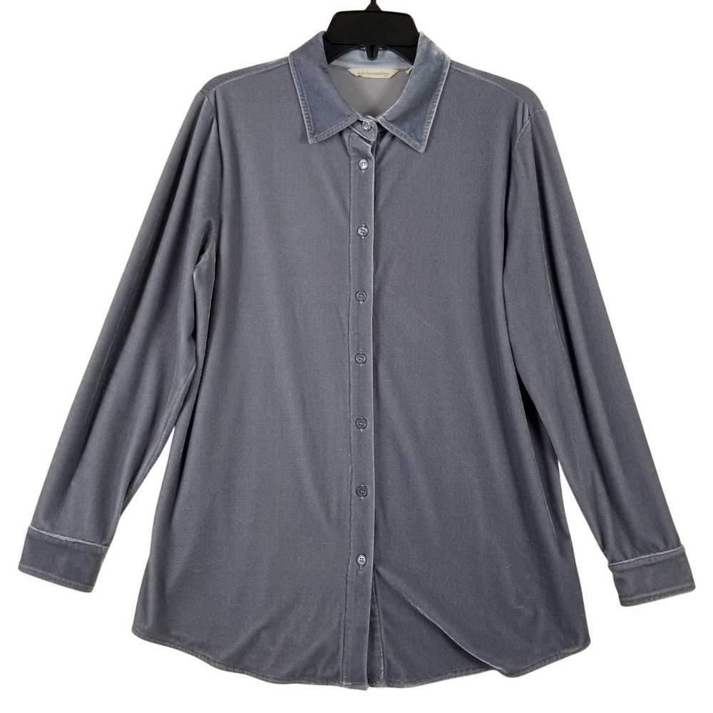 Soft Surroundings Velvet Button Down Shirt Dusty Blue Slate Gray 29695 Womens S